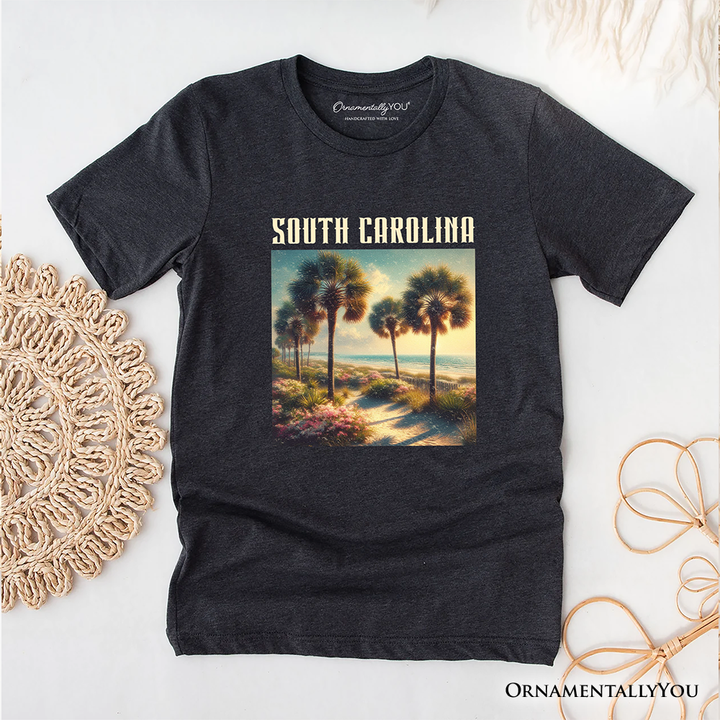 Serene South Carolina State Palmetto Beach Scene T-Shirt, Coastal Tee and Tropical Keepsake Souvenir