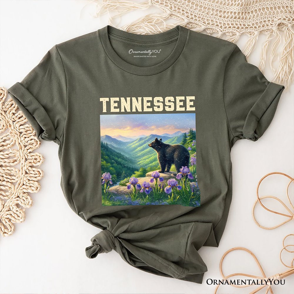 Scenic Tennessee State Great Smoky Mountains T-Shirt, Black Bear and Wildflower Nature Tee and Travel Souvenir T-Shirts OrnamentallyYou Military Green XS 