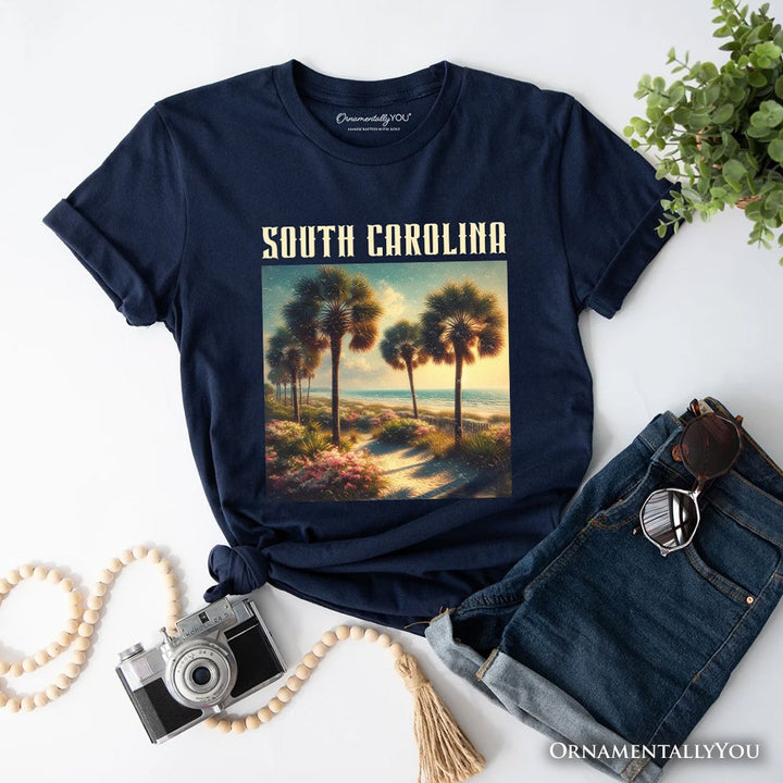 Serene South Carolina State Palmetto Beach Scene T-Shirt, Coastal Tee and Tropical Keepsake Souvenir T-Shirts OrnamentallyYou Navy XS 