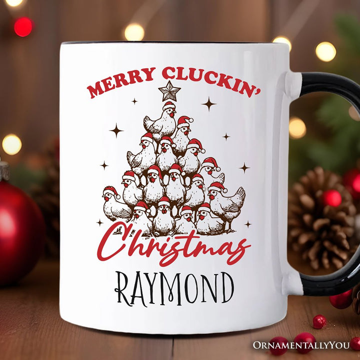 Merry Cluckin' Christmas Tree Personalized Mug, Funny Santa Hat Chicken Farmhouse Gift with Custom Name Personalized Ceramic Mug OrnamentallyYou White - Black Customized 