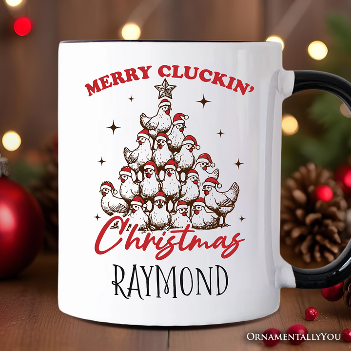Merry Cluckin' Christmas Tree Personalized Mug, Funny Santa Hat Chicken Farmhouse Gift with Custom Name