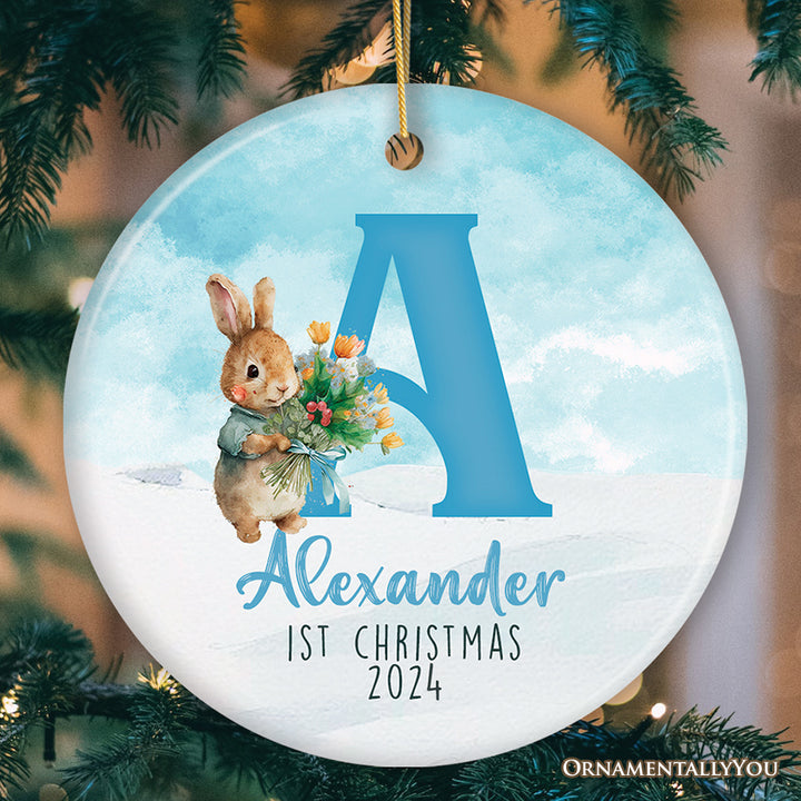 Cute Bunny Rabbit Child Personalized Christmas Monogram Ornament