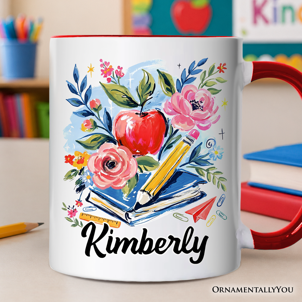 Boho Floral Teacher Personalized Mug, Watercolor Back to School Gift with Custom Name