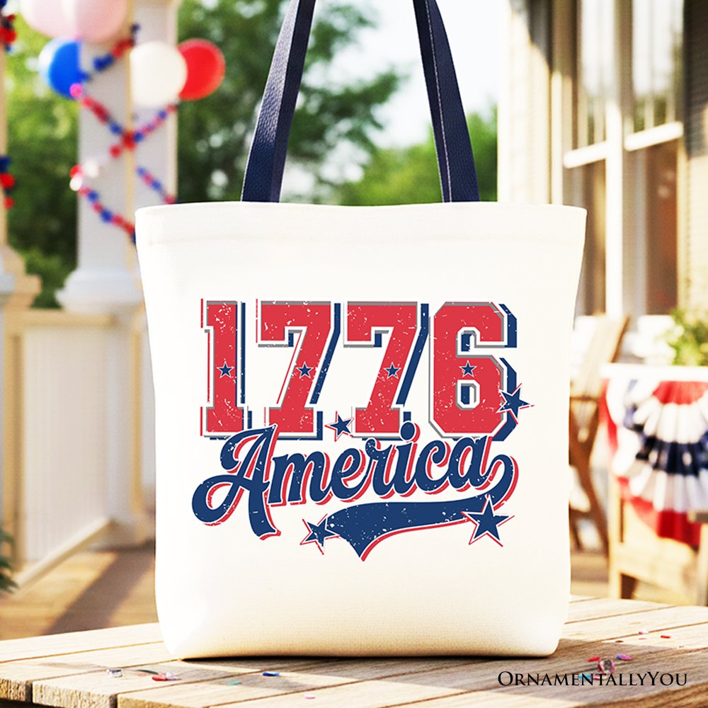 1776 America Vintage Tote Bag, Patriotic Retro USA Freedom 4th of July Gift Shopper Tote Bag OrnamentallyYou Navy Handle 