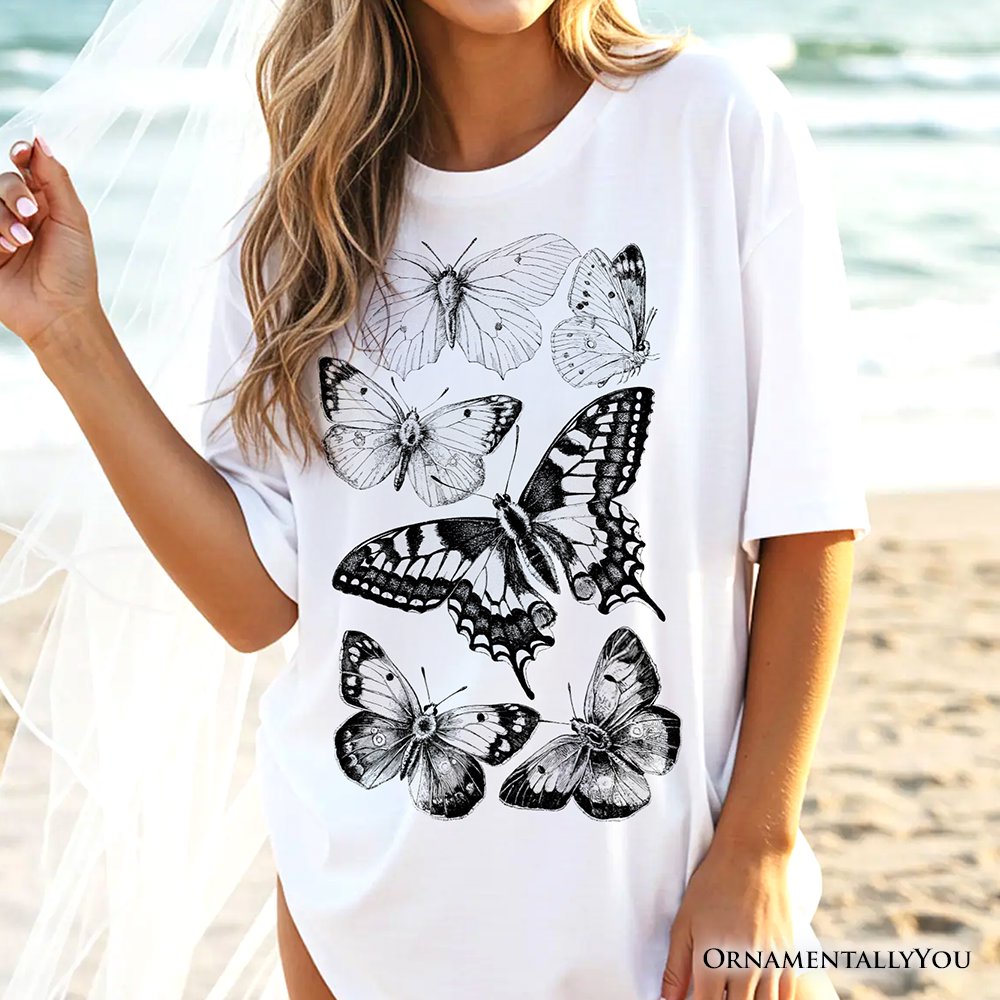 Vintage Butterfly Sketch T-Shirt, Botanical Insect Art Nature Tee T-Shirts OrnamentallyYou 