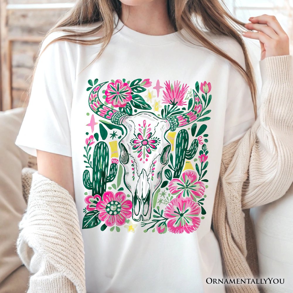 Western Floral Cow Skull T-Shirt, Boho Cowgirl Wildflower Cactus Tee T-Shirts OrnamentallyYou 