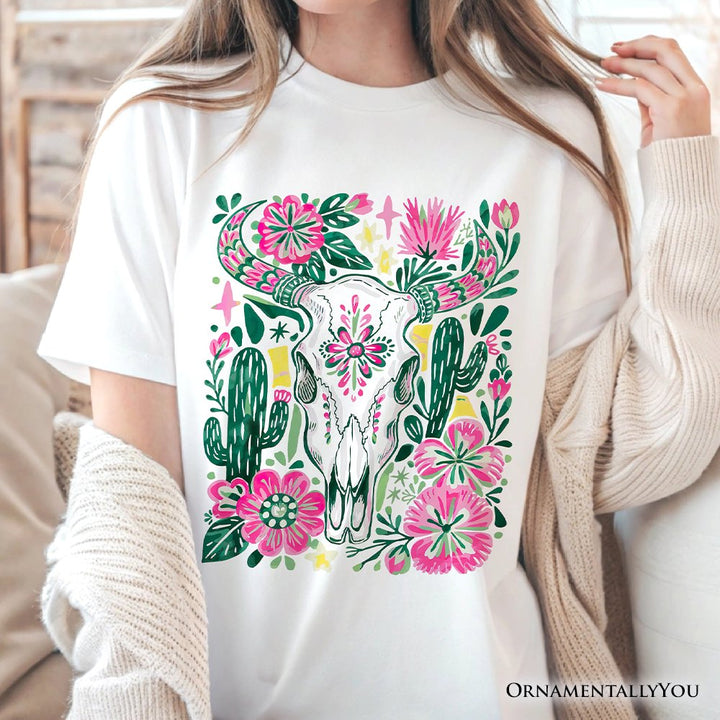 Western Floral Cow Skull T-Shirt, Boho Cowgirl Wildflower Cactus Tee T-Shirts OrnamentallyYou 
