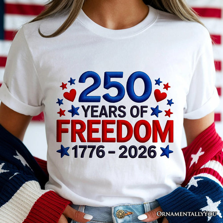 250 Years Freedom Faux Varsity Patch T-Shirt, 4th of July USA Patriotic 1776–2026 Tee T-Shirts OrnamentallyYou 