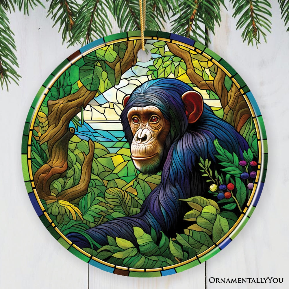 A Primate Safari Chimpanzee Stained Glass Style Ceramic Ornament, African Animals Christmas Gift and Decor Ceramic Ornament OrnamentallyYou Circle 