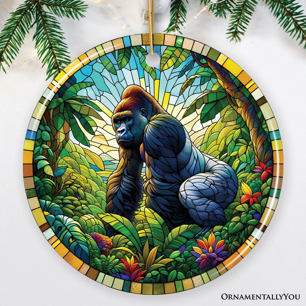 A Primate Safari Gorilla Stained Glass Style Ceramic Ornament, African Animals Christmas Gift and Decor Ceramic Ornament OrnamentallyYou Circle 