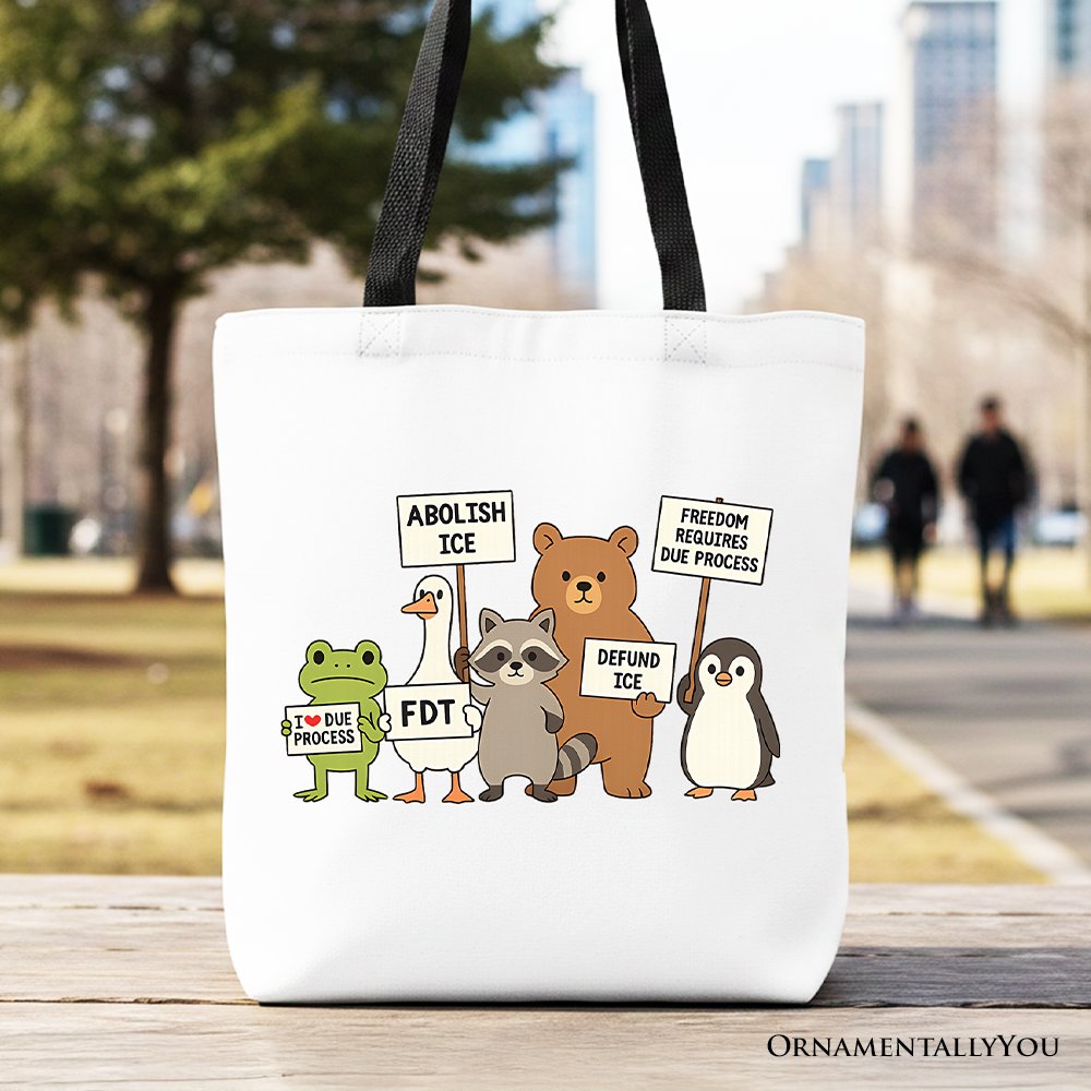 Abolish ICE Animals Protest Canvas Tote Bag, Cute Activist Gift Shopper OrnamentallyYou Black Handle 