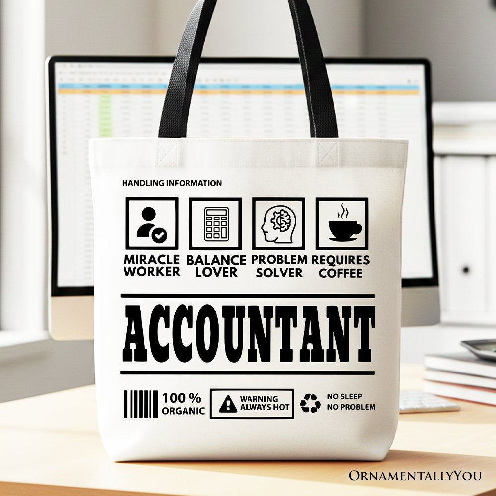 Accountant Nutrition Facts Tote Bag, Bookkeeper Humor Gift Shopper Tote Bag OrnamentallyYou Black Handle 