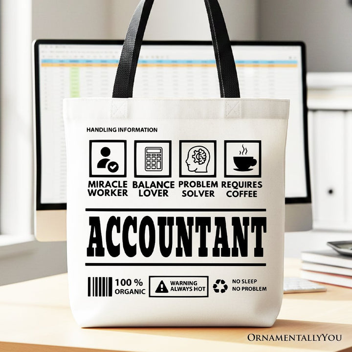 Accountant Nutrition Facts Tote Bag, Bookkeeper Humor Gift Shopper Tote Bag OrnamentallyYou Black Handle 