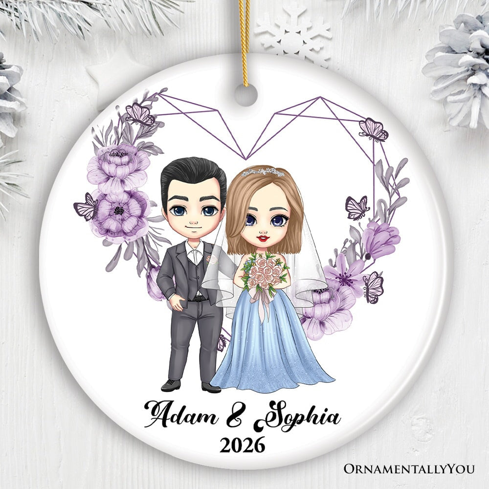 Adorable Customized Married Couple Gift Christmas Ornament, Cartoon Bride and Groom Ceramic Ornament OrnamentallyYou Circle 