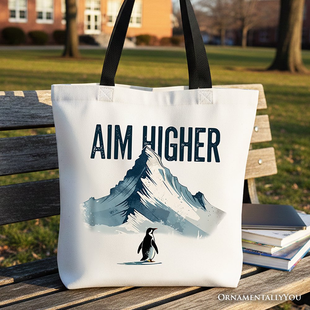 Aim Higher Penguin Tote Bag, Vintage Mountain Motivational Quote Gift Shopper Tote Bag OrnamentallyYou Black Handle 
