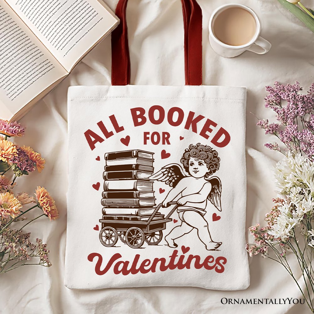 All Booked For Valentines Cupid Canvas Tote Bag, Vintage Funny Bookworm Gift Tote Bag OrnamentallyYou Red Handle 