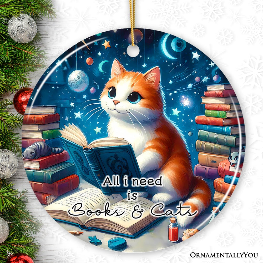 All I Need is Books & Cats Ceramic Ornament, Book Lover Gift of Imagination and the Universe Ceramic Ornament OrnamentallyYou 