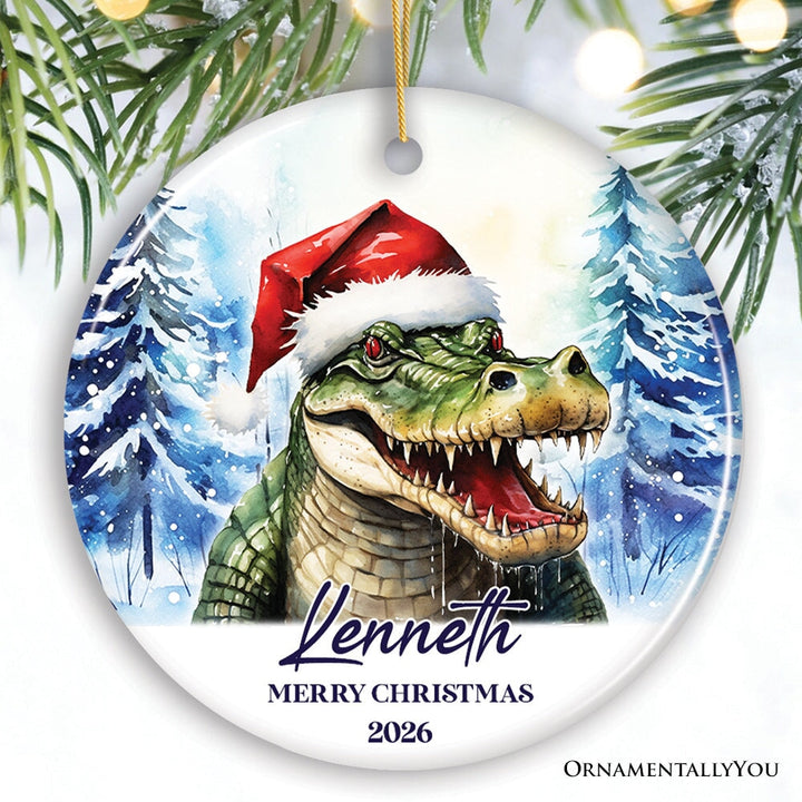 Alligator with Santa Hat Personalized Ornament, Winter Forest Christmas Gift With Custom Name and Date Ceramic Ornament OrnamentallyYou Circle 
