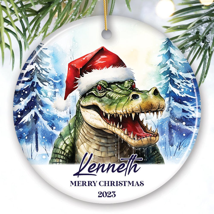 Alligator with Santa Hat Personalized Ornament, Winter Forest Christmas Gift With Custom Name and Date Ceramic Ornament OrnamentallyYou Circle 