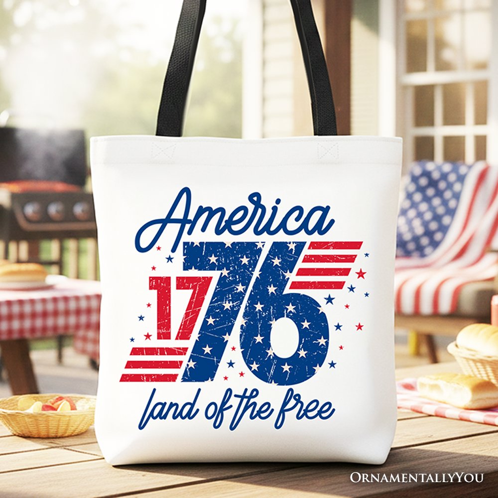 America 1776 Land of the Free Tote Bag, Vintage 4th of July Gift Shopper Tote Bag OrnamentallyYou Black Handle 