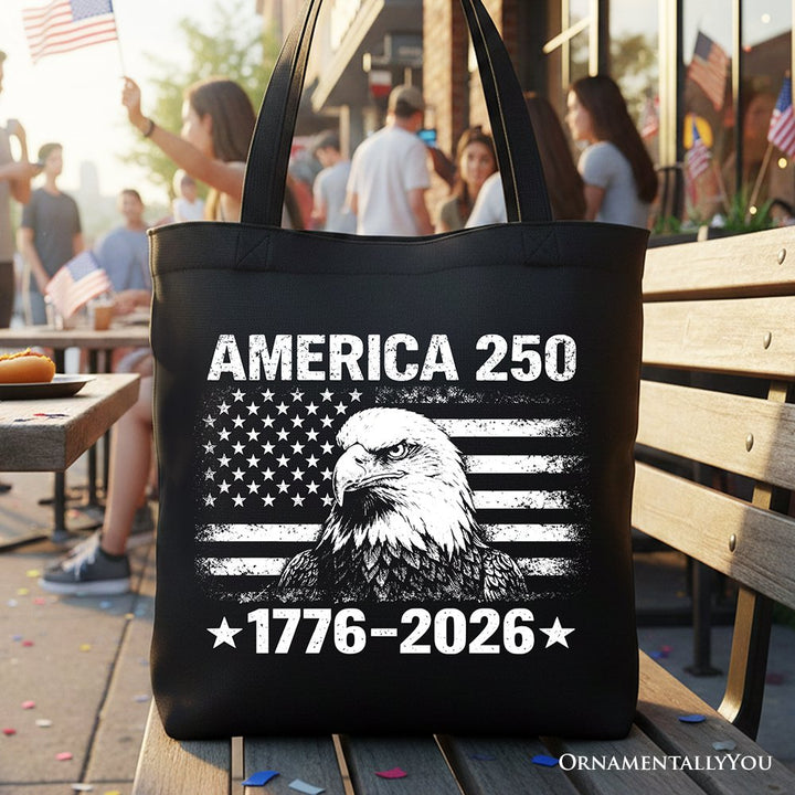 America 250 Freedom Flag Eagle Tote Bag, 4th of July USA Patriotic 1776–2026 Gift Shopper Tote Bag OrnamentallyYou Black 