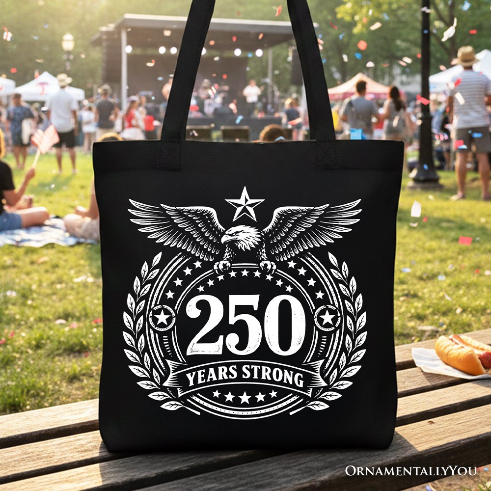 America 250 Years Strong Eagle Tote Bag, 4th of July USA Patriotic 1776–2026 Gift Shopper Tote Bag OrnamentallyYou Black 