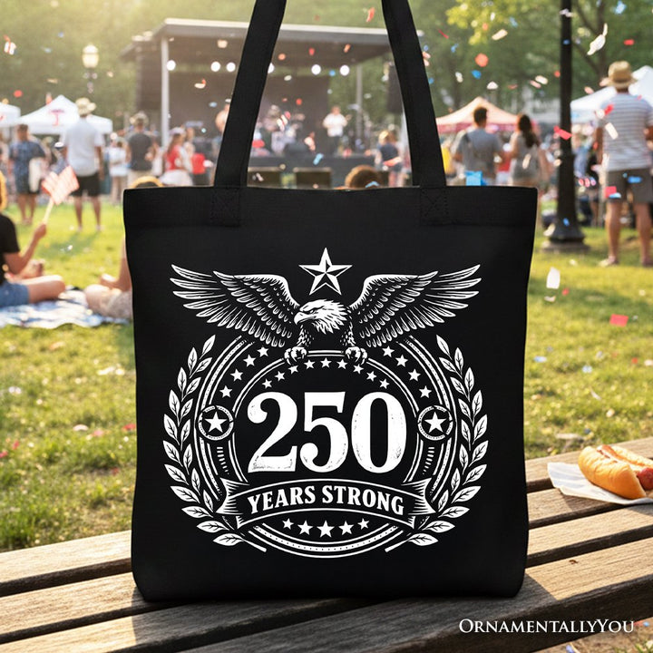 America 250 Years Strong Eagle Tote Bag, 4th of July USA Patriotic 1776–2026 Gift Shopper Tote Bag OrnamentallyYou Black 