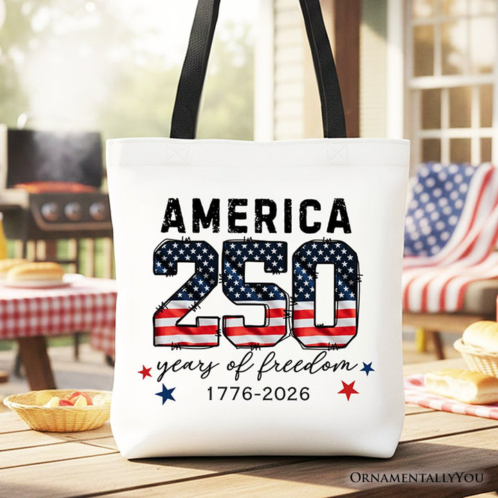America 250 Years of Freedom Tote Bag, Patriotic USA Anniversary 1776 Gift Shopper Tote Bag OrnamentallyYou Black Handle 