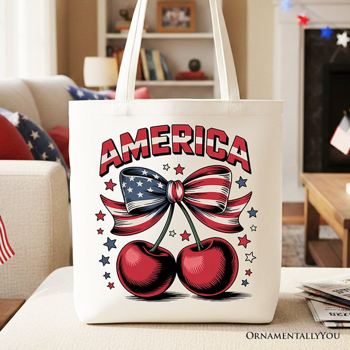 America Coquette Cherries Tote Bag, Patriotic 4th of July Gift Shopper Tote Bag OrnamentallyYou White 