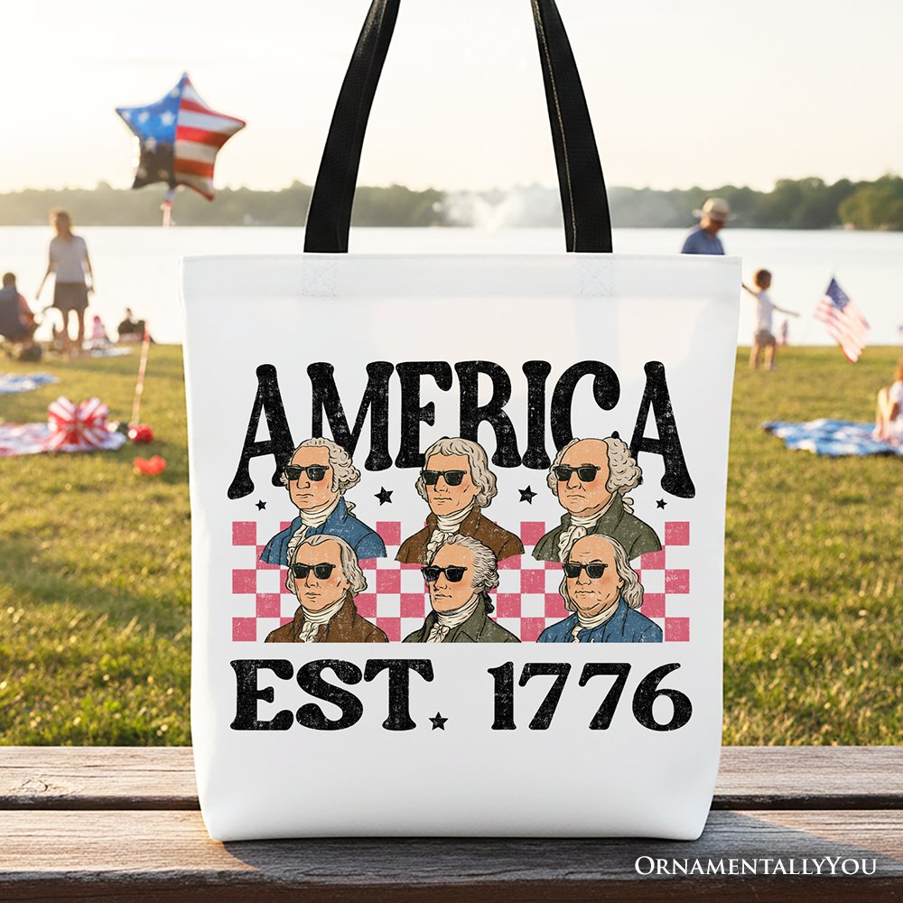 America Est 1776 Founding Fathers Vintage Canvas Tote Bag, Retro Patriotic Gift Shopper Tote Bag OrnamentallyYou Black Handle 