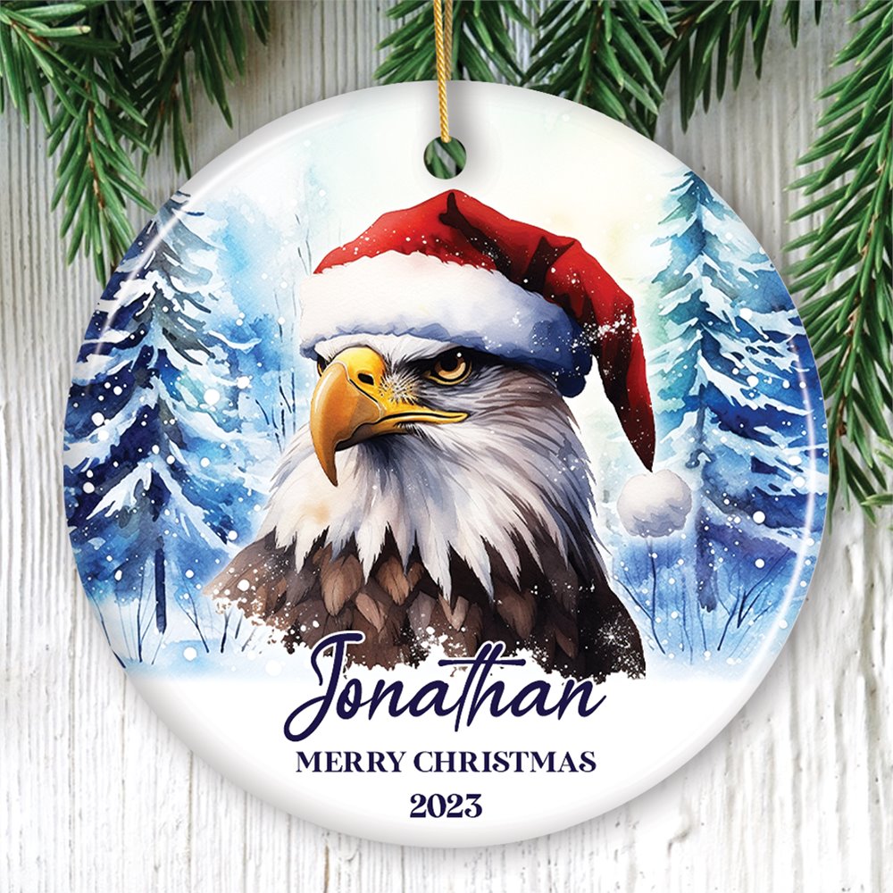 American Bald Eagle with Santa Hat Personalized Ornament, Winter Forest Christmas Gift With Custom Name and Date Ceramic Ornament OrnamentallyYou Circle 