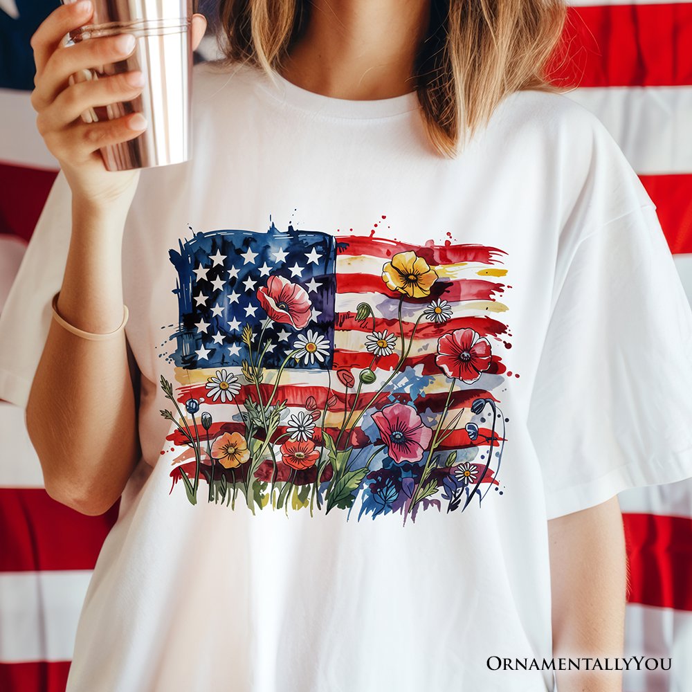 American Flag Floral Wildflower T-Shirt, Patriotic Boho USA 4th of July Tee T-Shirts OrnamentallyYou 