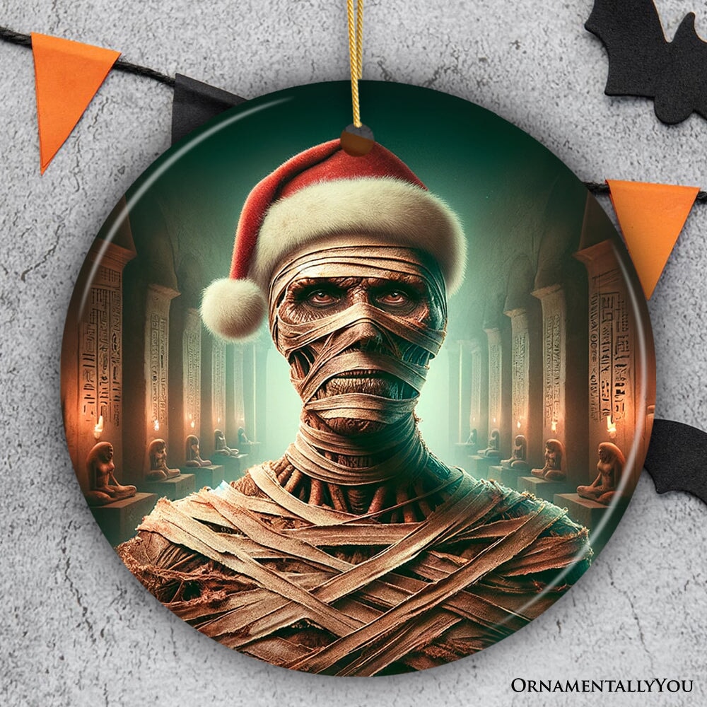 Ancient Mummy with Santa Hat Ornament, Enigmatic Holiday Gift for Horror Enthusiasts Ceramic Ornament OrnamentallyYou Circle 