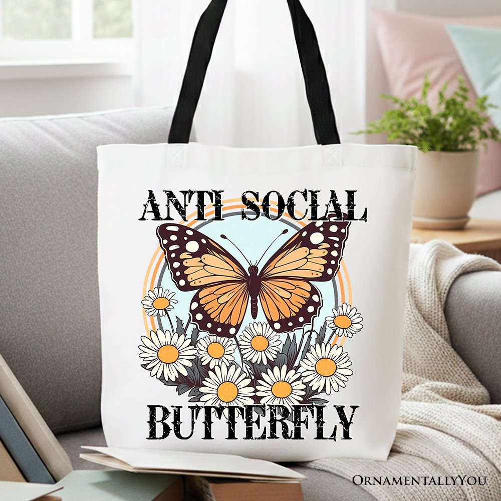 Anti Social Butterfly Canvas Tote Bag, Retro Gift Shopper for Quirky and Independent Women Tote Bag OrnamentallyYou Black Handle 