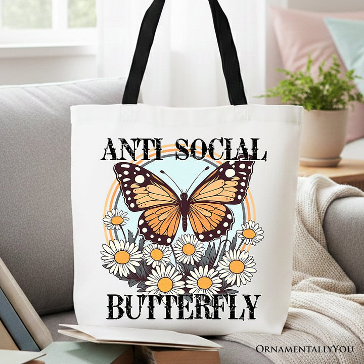Anti Social Butterfly Canvas Tote Bag, Retro Gift Shopper for Quirky and Independent Women Tote Bag OrnamentallyYou Black Handle 