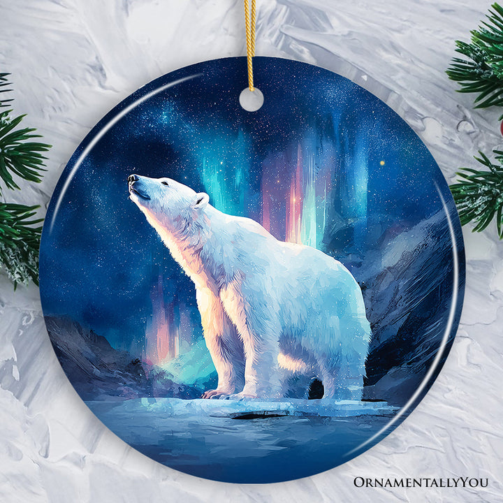 Arctic Aurora Polar Bear Ceramic Ornament, Northern Lights Wildlife Gift and Tree Decor