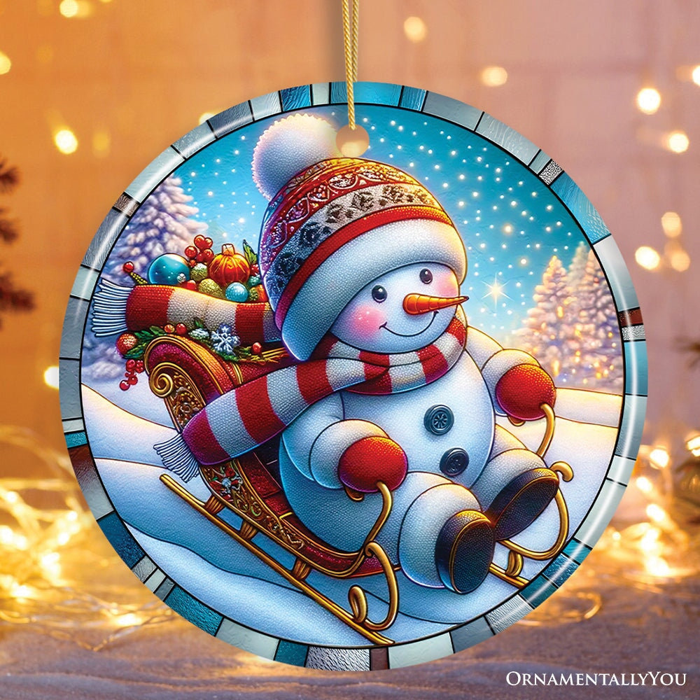 Arctic Sleigh Snowman’s Magical Ride Christmas Ornament, Handmade Frosty Winter Gift Ceramic Ornament OrnamentallyYou Circle 