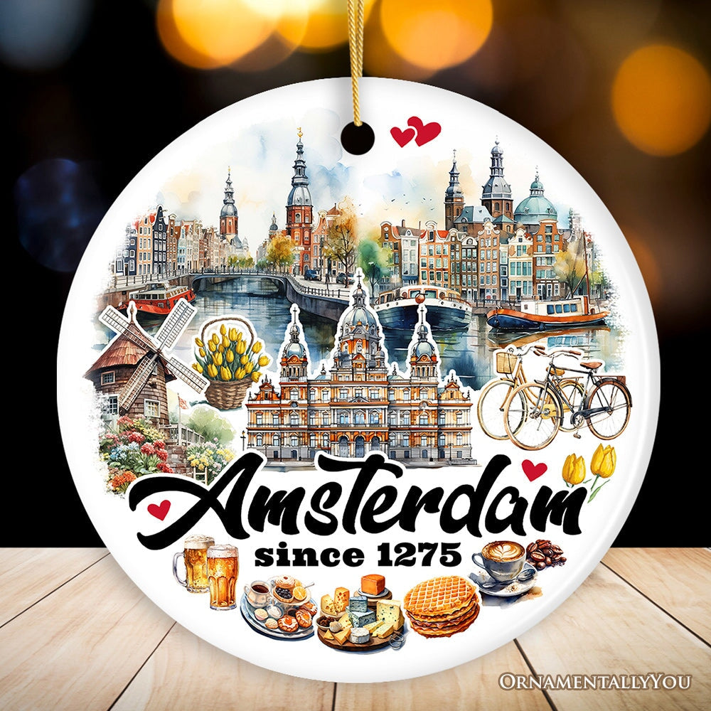 Artistic Amsterdam Landmarks and Heritage Christmas Ornament, Cultural Netherlands Gift and Keepsake Ceramic Ornament OrnamentallyYou Circle 