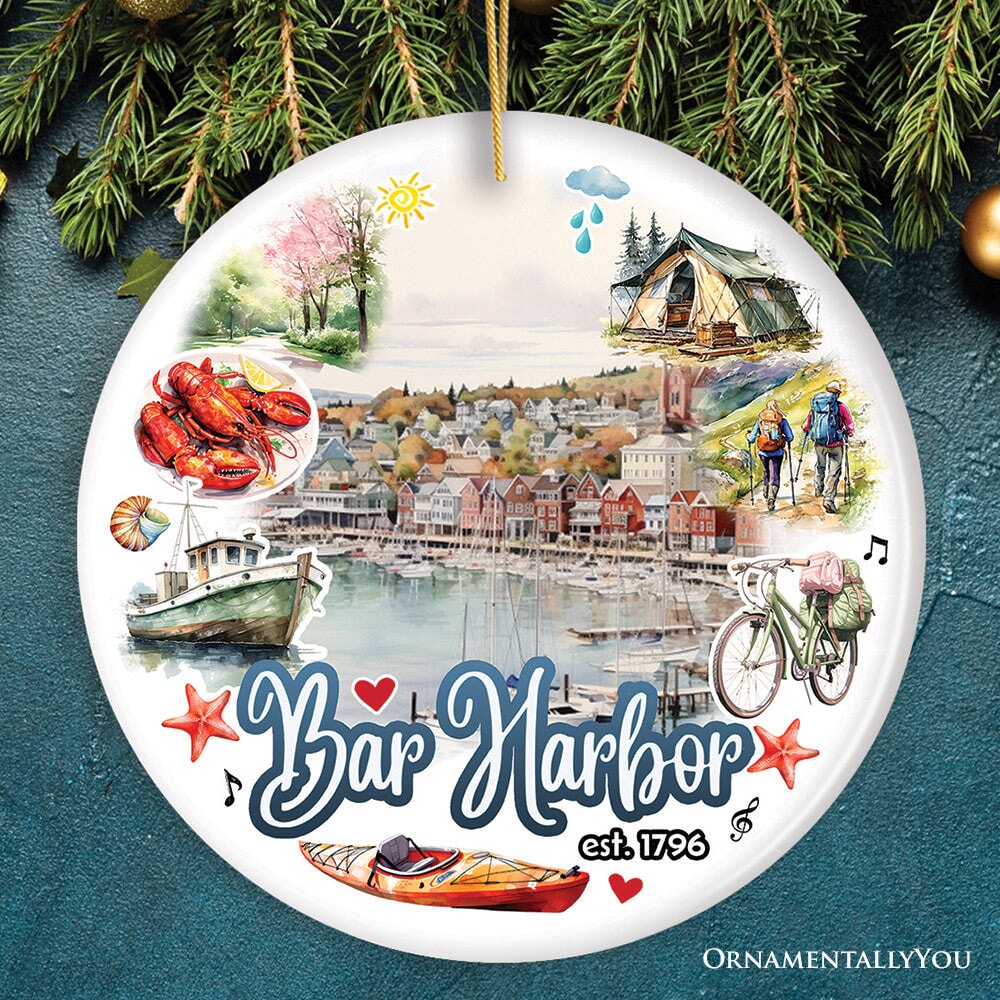 Artistic Bar Harbor Christmas Ornament, Maine Souvenir and Gift with Lobster and Acadia Art Ceramic Ornament OrnamentallyYou Circle 