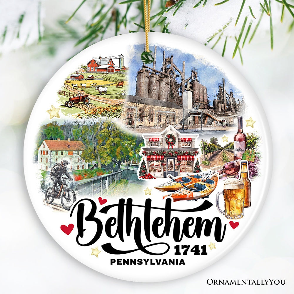 Artistic Bethlehem City Ceramic Watercolor Ornament, Pennsylvania State Colonial and Industrial Christmas Gift Ceramic Ornament OrnamentallyYou Circle 