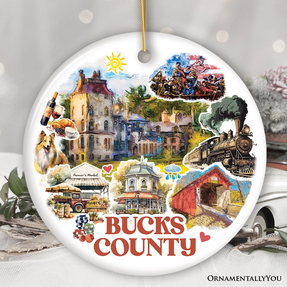 Artistic Bucks County Pennsylvania Vintage Ornament with Historical Scenery and Art, Ceramic Christmas Souvenir, New Hope and George Washington Crossing the Delaware Ceramic Ornament OrnamentallyYou Circle 