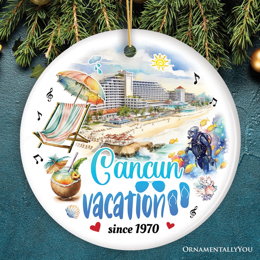 Artistic Cancun Tropical Vacation Art Ornament, Mexico Traveler Souvenir Gift Ceramic Ornament OrnamentallyYou 