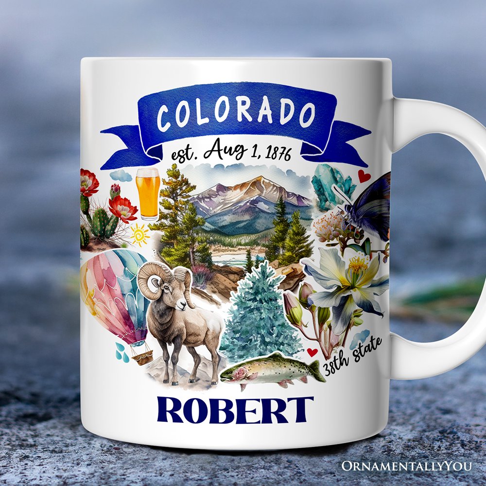 Artistic Colorado State Themes and Landmarks Personalized Mug With Custom Name Personalized Ceramic Mug OrnamentallyYou 12oz Mug Customized 