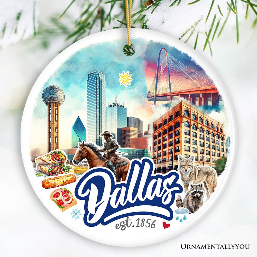 Artistic Dallas Texas Christmas Ornament, Unique Ceramic Keepsake Souvenir and Gift Ceramic Ornament OrnamentallyYou Circle 