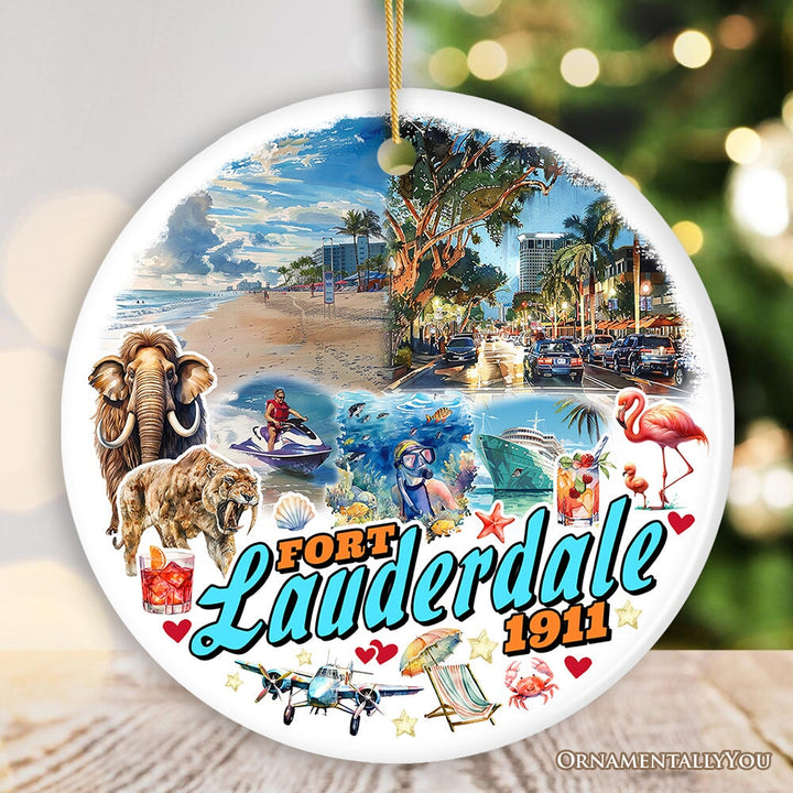 Artistic Fort Lauderdale Watercolor Ornament, Tropical Florida Vacation Beaches and Nature Souvenir Ceramic Ornament OrnamentallyYou Circle 