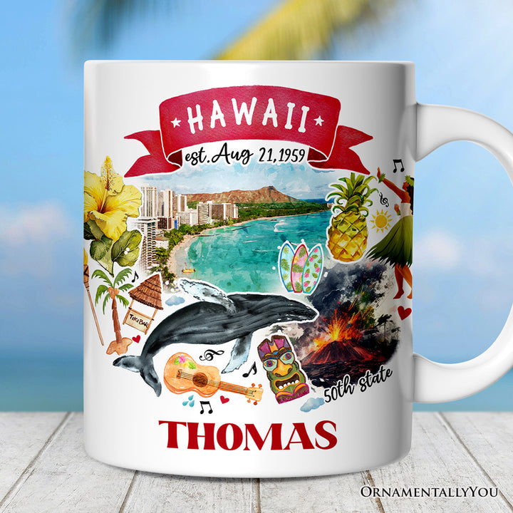 Artistic Hawaii State Themes and Landmarks Personalized Mug With Custom Name