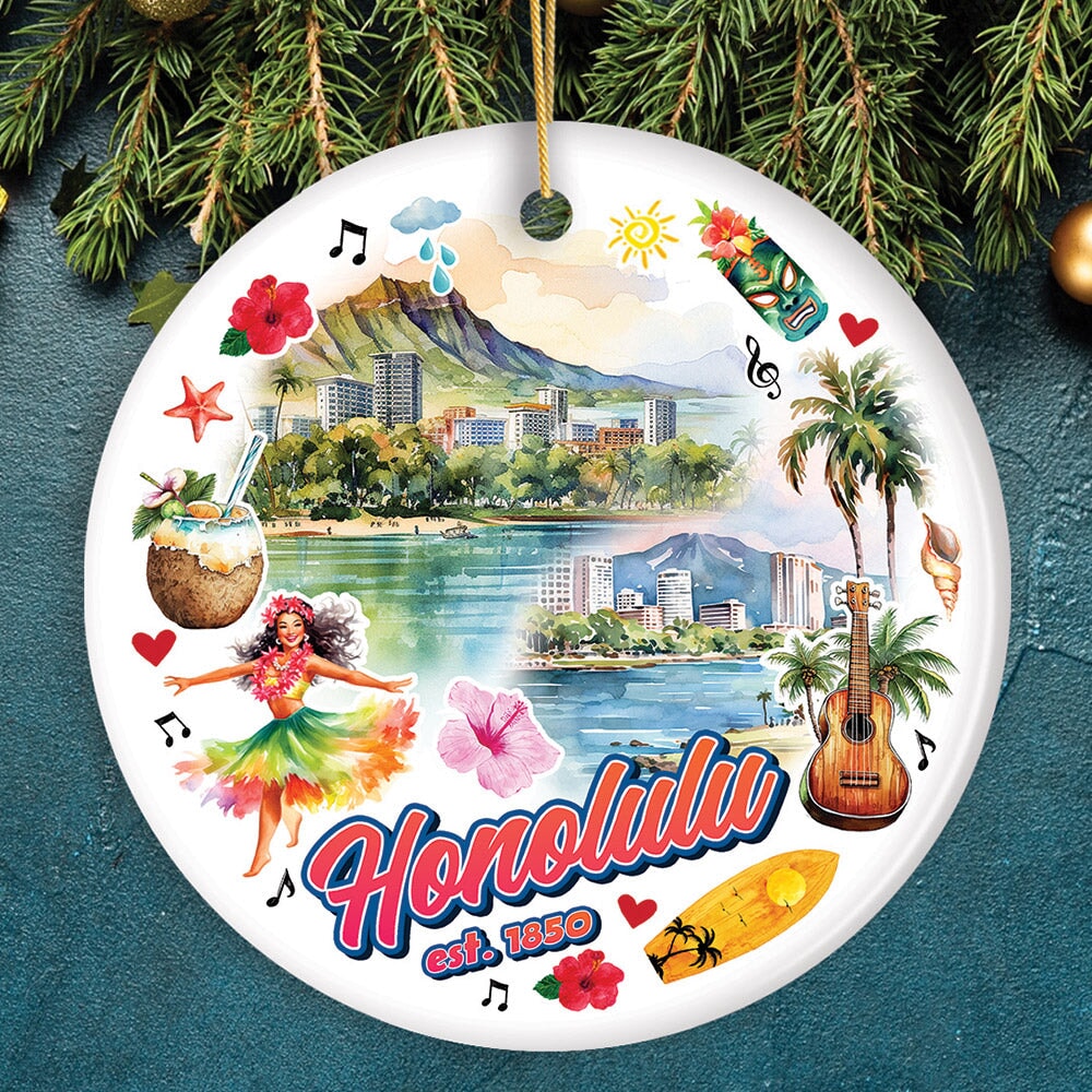 Artistic Honolulu Hawaii Christmas Ornament, Tropical Hawaiian Keepsake and Souvenir Gift Ceramic Ornament OrnamentallyYou Circle 
