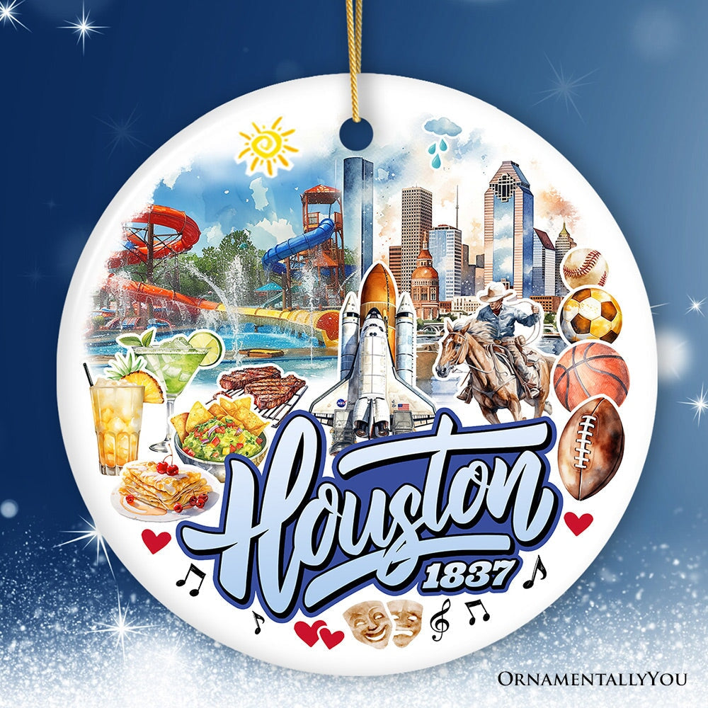 Artistic Houston Ceramic Ornament, Texas Souvenir with Vintage City Elements and Space Shuttle Ceramic Ornament OrnamentallyYou Circle 