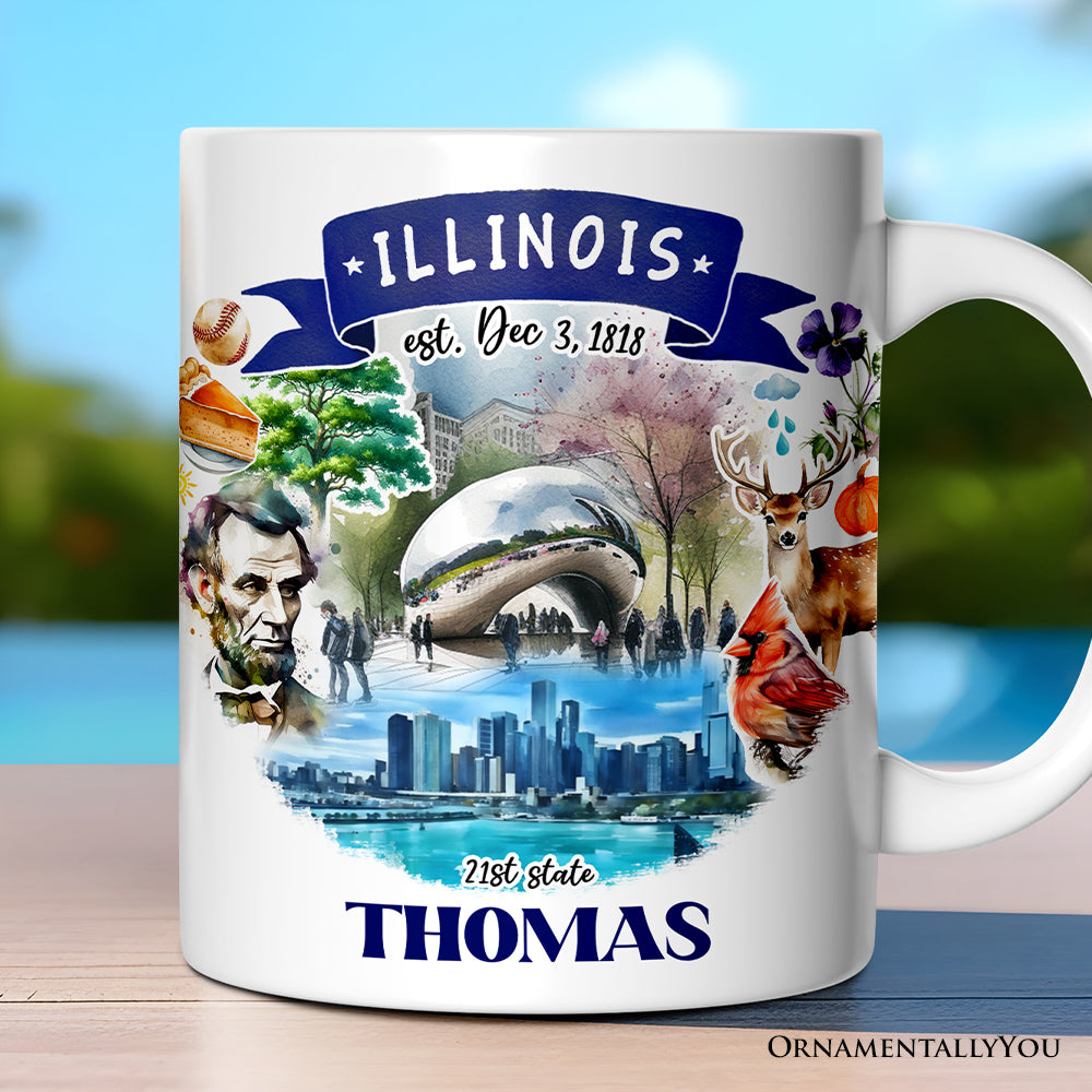 Artistic Illinois State Themes and Landmarks Personalized Mug With Custom Name