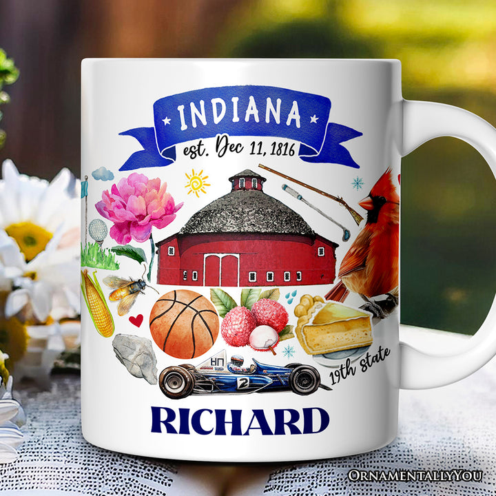 Artistic Indiana State Themes and Landmarks Personalized Mug With Custom Name